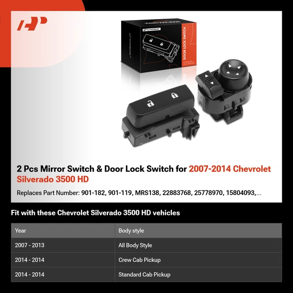 2 Pcs Mirror Switch & Door Lock Switch for 2007-2014 Chevrolet Silverado 3500 HD