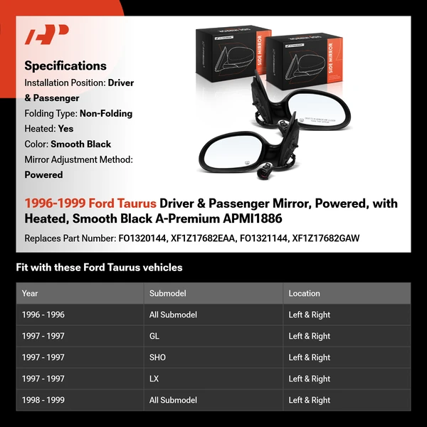 1996-1999 Ford Taurus Driver & Passenger Mirror, Powered, with Heated, Smooth Black A-Premium APMI1886