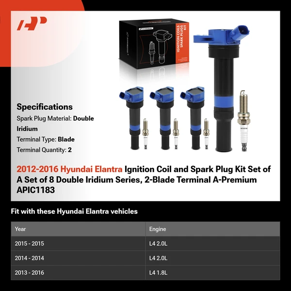 2012-2016 Hyundai Elantra Ignition Coil and Spark Plug Kit Set of A Set of 8 Double Iridium Series, 2-Blade Terminal A-Premium APIC1183
