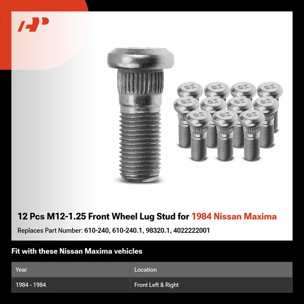 12 Pcs M12-1.25 Front Wheel Lug Stud for 1984 Nissan Maxima
