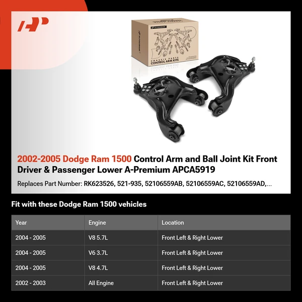 2002-2005 Dodge Ram 1500 Control Arm and Ball Joint Kit Front Driver & Passenger Lower A-Premium APCA5919