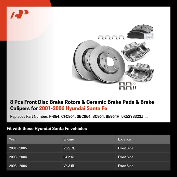 8 Pcs Front Disc Brake Rotors & Ceramic Brake Pads & Brake Calipers for 2001-2006 Hyundai Santa Fe