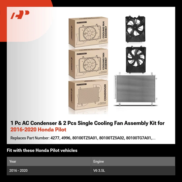 1 Pc AC Condenser & 2 Pcs Single Cooling Fan Assembly Kit for 2016-2020 Honda Pilot