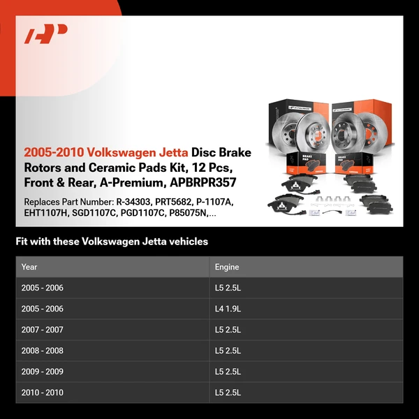 2005-2010 Volkswagen Jetta Disc Brake Rotors and Ceramic Pads Kit, 12 Pcs, Front & Rear, A-Premium, APBRPR357