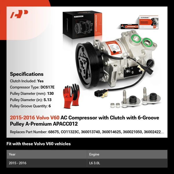 2015-2016 Volvo V60 AC Compressor with Clutch with 6-Groove Pulley A-Premium APACC012