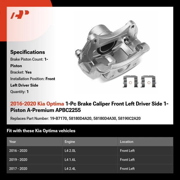 2016-2020 Kia Optima 1-Pc Brake Caliper Front Left Driver Side 1-Piston A-Premium APBC2255