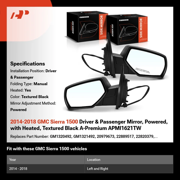2014-2018 GMC Sierra 1500 Driver & Passenger Mirror, Powered, with Heated, Textured Black A-Premium APMI1621TW