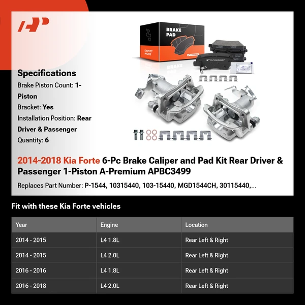 2014-2018 Kia Forte 6-Pc Brake Caliper and Pad Kit Rear Driver & Passenger 1-Piston A-Premium APBC3499