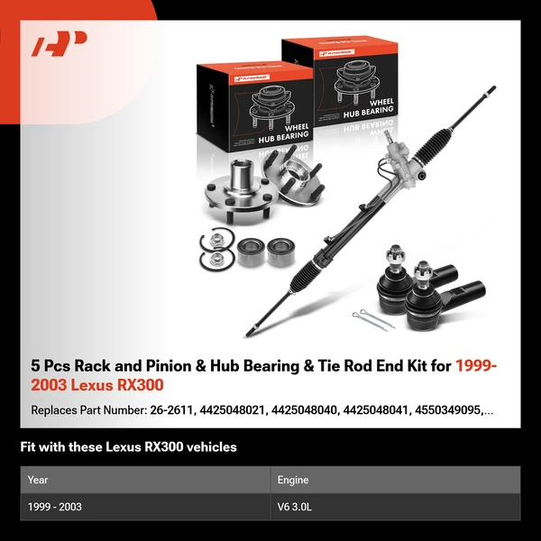 5 Pcs Rack and Pinion & Hub Bearing & Tie Rod End Kit for 1999-2003 Lexus RX300
