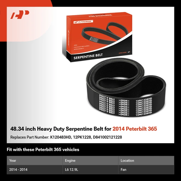 48.34 inch Heavy Duty Serpentine Belt for 2014 Peterbilt 365
