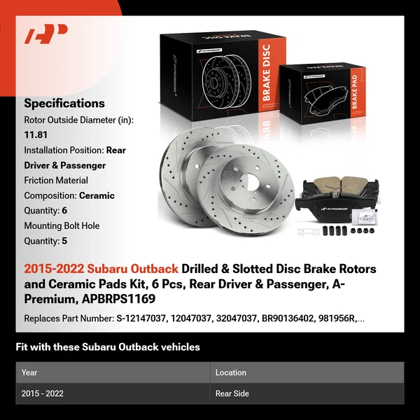 2015-2022 Subaru Outback Drilled & Slotted Disc Brake Rotors and Ceramic Pads Kit, 6 Pcs, Rear Driver & Passenger, A-Premium, APBRPS1169