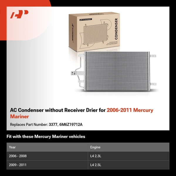 AC Condenser without Receiver Drier for 2006-2011 Mercury Mariner