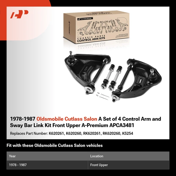 1978-1987 Oldsmobile Cutlass Salon A Set of 4 Control Arm and Sway Bar Link Kit Front Upper A-Premium APCA3481
