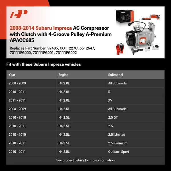 2008-2014 Subaru Impreza AC Compressor with Clutch with 4-Groove Pulley A-Premium APACC685