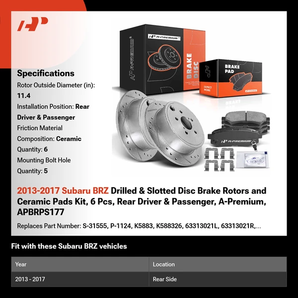2013-2017 Subaru BRZ Drilled & Slotted Disc Brake Rotors and Ceramic Pads Kit, 6 Pcs, Rear Driver & Passenger, A-Premium, APBRPS177