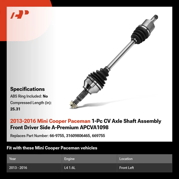 2013-2016 Mini Cooper Paceman 1-Pc CV Axle Shaft Assembly Front Driver Side A-Premium APCVA1098