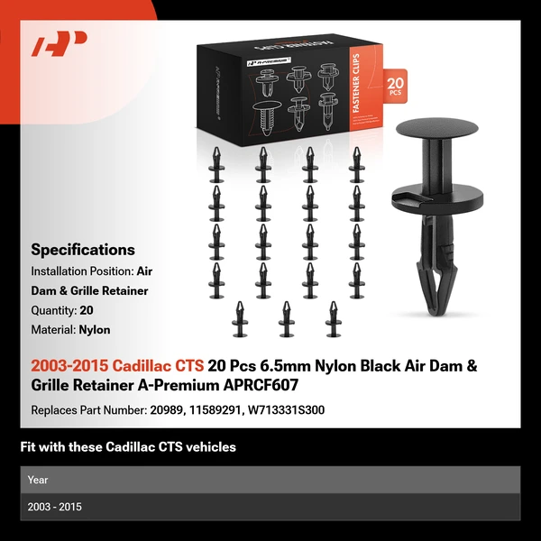 2003-2015 Cadillac CTS 20 Pcs 6.5mm Nylon Black Air Dam & Grille Retainer A-Premium APRCF607
