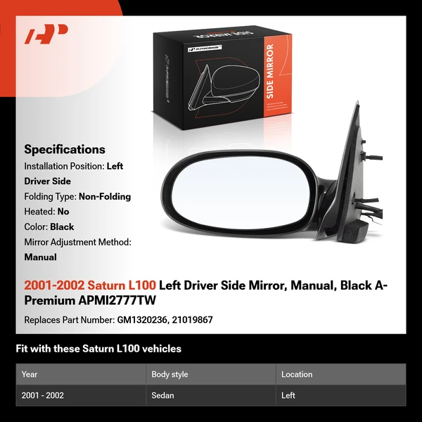 2001-2002 Saturn L100 Left Driver Side Mirror, Manual, Black A-Premium APMI2777TW