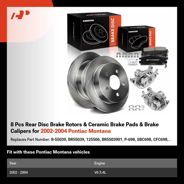 8 Pcs Rear Disc Brake Rotors & Ceramic Brake Pads & Brake Calipers for 2002-2004 Pontiac Montana