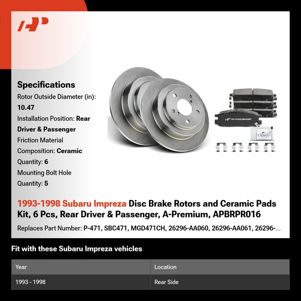 1993-1998 Subaru Impreza Disc Brake Rotors and Ceramic Pads Kit, 6 Pcs, Rear Driver & Passenger, A-Premium, APBRPR016