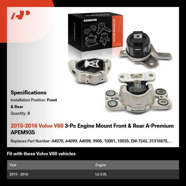 2015-2016 Volvo V60 3-Pc Engine Mount Front & Rear A-Premium APEM935