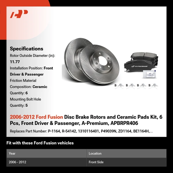 2006-2012 Ford Fusion Disc Brake Rotors and Ceramic Pads Kit, 6 Pcs, Front Driver & Passenger, A-Premium, APBRPR406