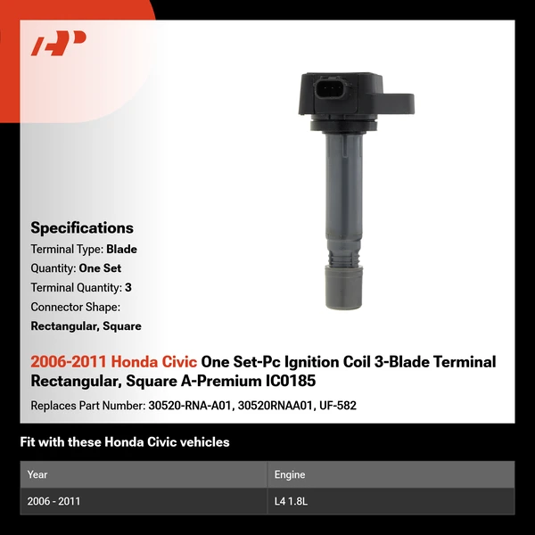 2006-2011 Honda Civic One Set-Pc Ignition Coil 3-Blade Terminal Rectangular, Square A-Premium IC0185
