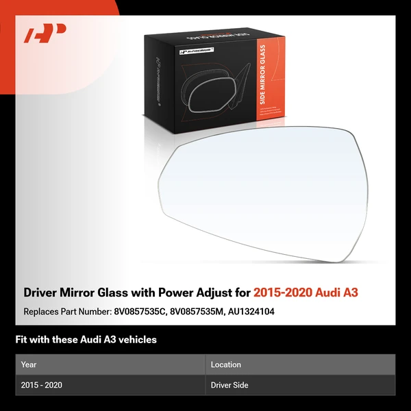 Driver Mirror Glass with Power Adjust for 2015-2020 Audi A3