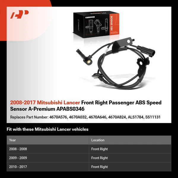 2008-2017 Mitsubishi Lancer Front Right Passenger ABS Speed Sensor A-Premium APABS0346