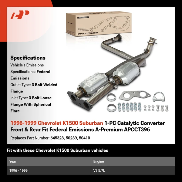 1996-1999 Chevrolet K1500 Suburban 1-PC Catalytic Converter Front & Rear Fit Federal Emissions A-Premium APCCT396