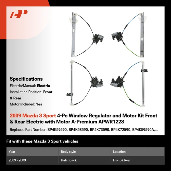 2009 Mazda 3 Sport 4-Pc Window Regulator and Motor Kit Front & Rear Electric with Motor A-Premium APWR1223