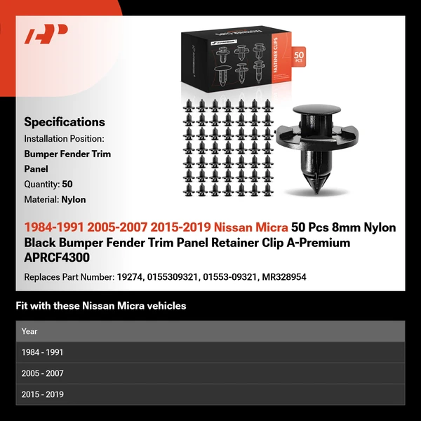 1984-1991 2005-2007 2015-2019 Nissan Micra 50 Pcs 8mm Nylon Black Bumper Fender Trim Panel Retainer Clip A-Premium APRCF4300