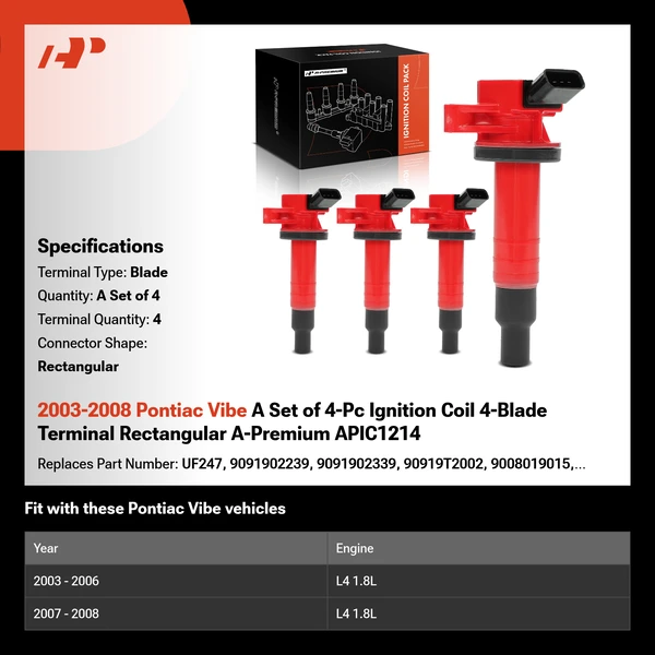 2003-2008 Pontiac Vibe A Set of 4-Pc Ignition Coil 4-Blade Terminal Rectangular A-Premium APIC1214