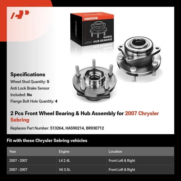 2 Pcs Front Wheel Bearing & Hub Assembly for 2007 Chrysler Sebring