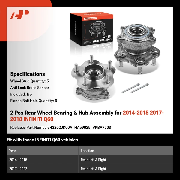 2 Pcs Rear Wheel Bearing & Hub Assembly for 2014-2015 2017-2018 INFINITI Q60