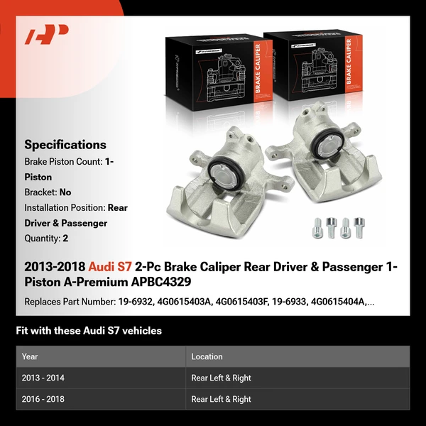 2013-2018 Audi S7 2-Pc Brake Caliper Rear Driver & Passenger 1-Piston A-Premium APBC4329