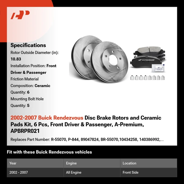 2002-2007 Buick Rendezvous Disc Brake Rotors and Ceramic Pads Kit, 6 Pcs, Front Driver & Passenger, A-Premium, APBRPR021