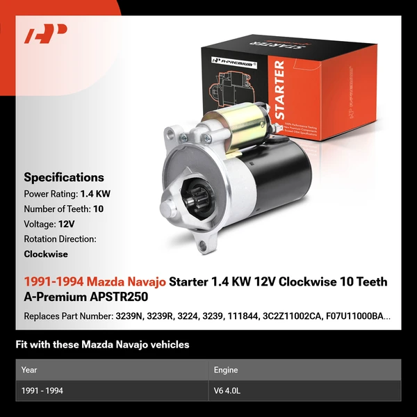 1991-1994 Mazda Navajo Starter 1.4 KW 12V Clockwise 10 Teeth A-Premium APSTR250