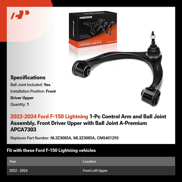 2022-2024 Ford F-150 Lightning 1-Pc Control Arm and Ball Joint Assembly, Front Driver Upper with Ball Joint A-Premium APCA7303