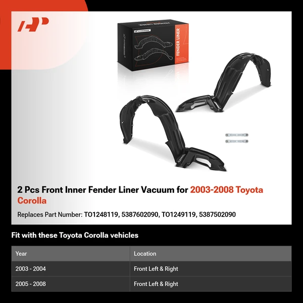 2 Pcs Front Inner Fender Liner Vacuum for 2003-2008 Toyota Corolla