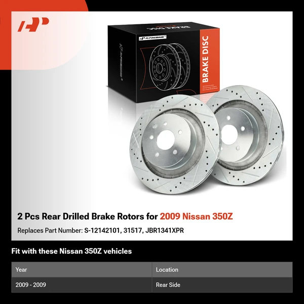 2 Pcs Rear Drilled Brake Rotors for 2009 Nissan 350Z