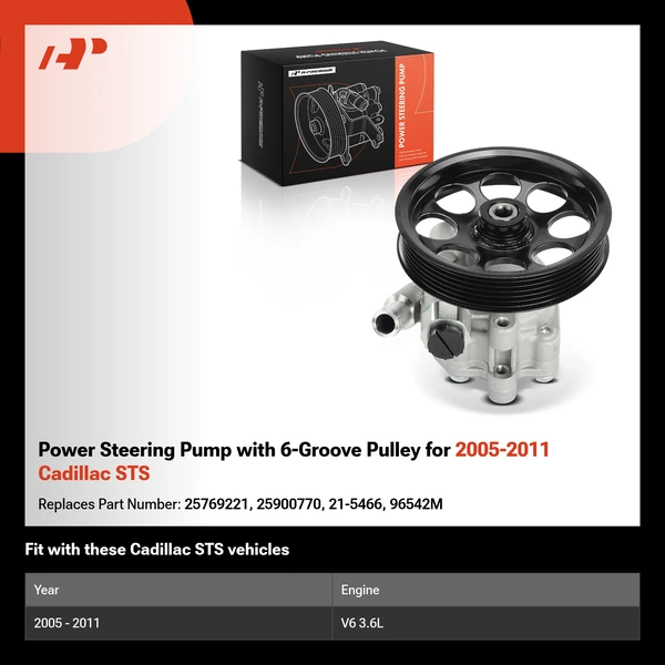 Power Steering Pump with 6-Groove Pulley for 2005-2011 Cadillac STS