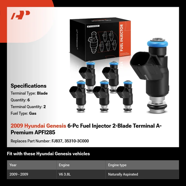 2009 Hyundai Genesis 6-Pc Fuel Injector 2-Blade Terminal A-Premium APFI285
