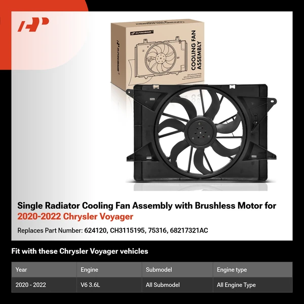 Single Radiator Cooling Fan Assembly with Brushless Motor for 2020-2022 Chrysler Voyager