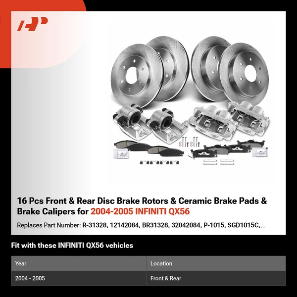 16 Pcs Front & Rear Disc Brake Rotors & Ceramic Brake Pads & Brake Calipers for 2004-2005 INFINITI QX56