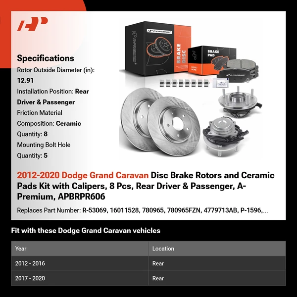 2012-2020 Dodge Grand Caravan Disc Brake Rotors and Ceramic Pads Kit with Calipers, 8 Pcs, Rear Driver & Passenger, A-Premium, APBRPR606