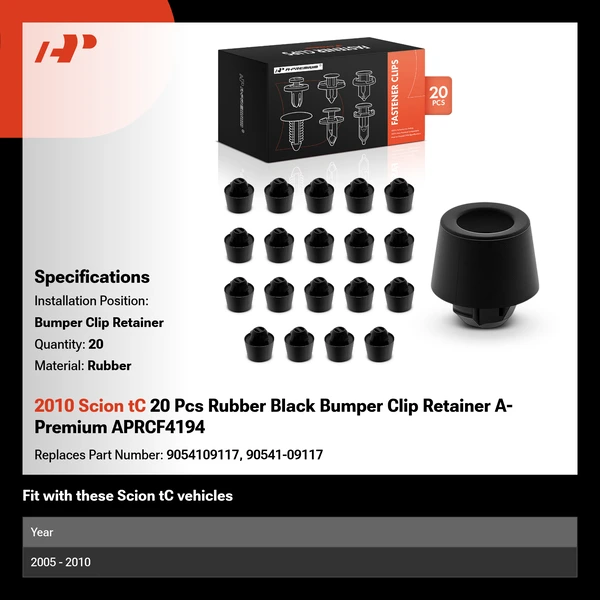 2010 Scion tC 20 Pcs Rubber Black Bumper Clip Retainer A-Premium APRCF4194