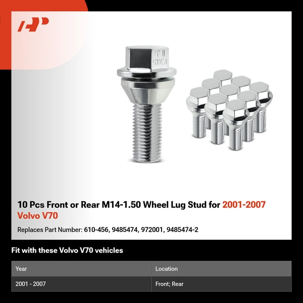 10 Pcs Front or Rear M14-1.50 Wheel Lug Stud for 2001-2007 Volvo V70