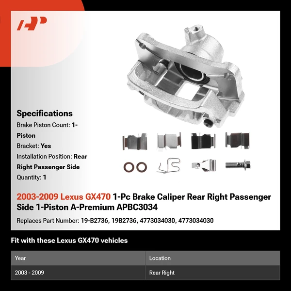 2003-2009 Lexus GX470 1-Pc Brake Caliper Rear Right Passenger Side 1-Piston A-Premium APBC3034