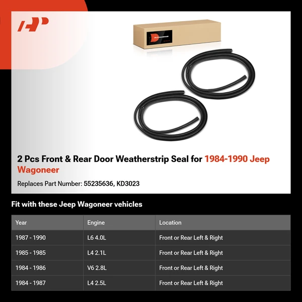 2 Pcs Front & Rear Door Weatherstrip Seal for 1984-1990 Jeep Wagoneer